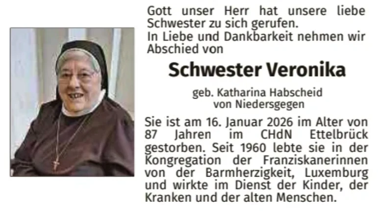 Traueranzeige für Schwester Veronika Katharina Habscheid