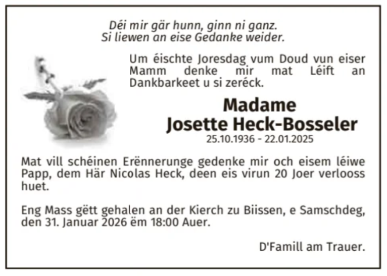 Traueranzeige für Josette Heck-Bosseler