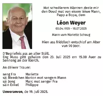 Traueranzeige für Léon Weyer