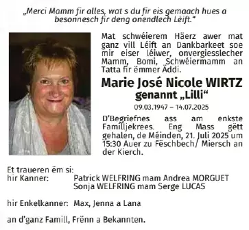 Traueranzeige für Marie José Nicole Wirtz