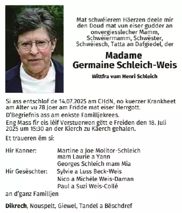Traueranzeige für Germaine Schleich- Weis
