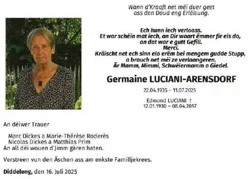 Traueranzeige für Germaine Luciani -Arensdorf