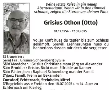 Traueranzeige für Othon Grisius