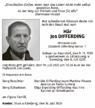 Traueranzeige für Jos Differding