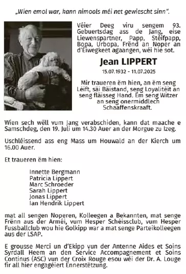 Traueranzeige für Jean Lippert