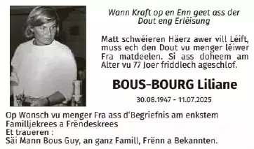 Traueranzeige für Liliane Bous- Bourg