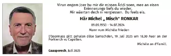 Traueranzeige für Michel Ronkar
