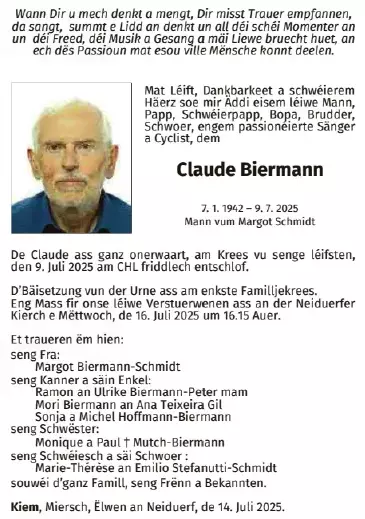 Traueranzeige für Claude Biermann