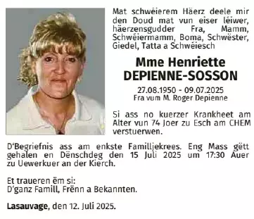 Traueranzeige für Henriette Depienne Sosson