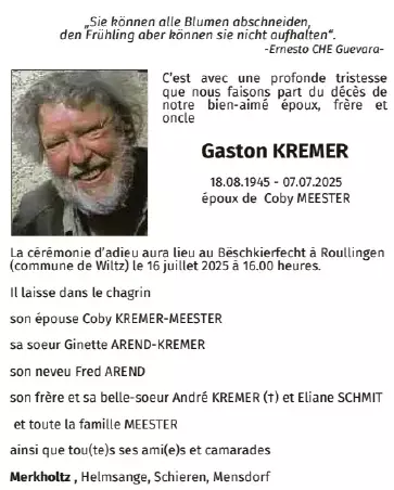 Traueranzeige für Gaston Kremer