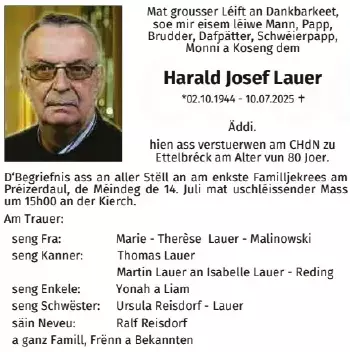 Traueranzeige für Harald Josef Lauer