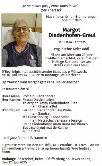Traueranzeige für Margot Diedenhofen - Greul