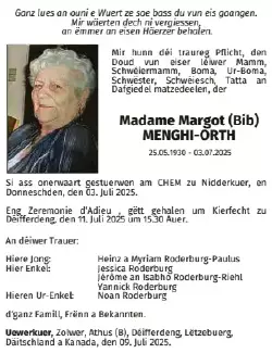 Traueranzeige für Margot Menghi- Orth