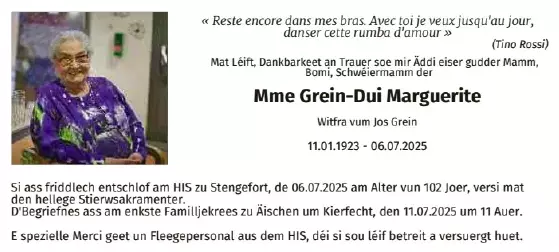 Traueranzeige für Marguerite Grein - Dui