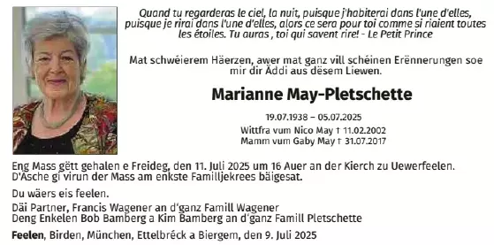 Traueranzeige für Marianne May-Pletschette