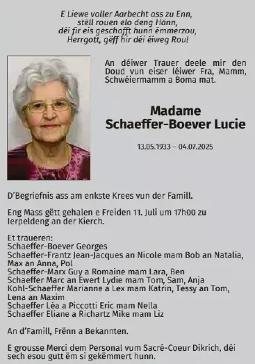 Traueranzeige für Lucie Schaeffer-Boever