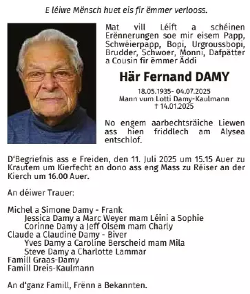Traueranzeige für Fernand Damy