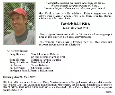 Traueranzeige für Patrick Baluska