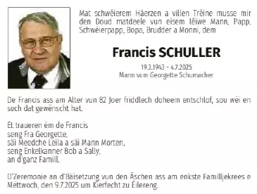 Traueranzeige für Francis Schuller