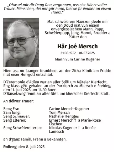 Traueranzeige für Joé Mersch