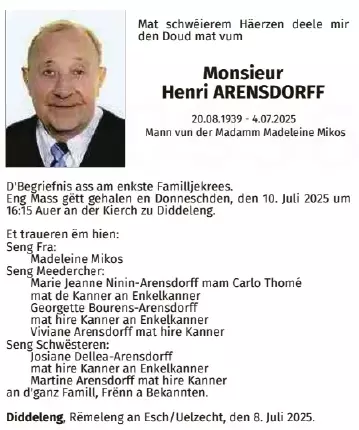 Traueranzeige für Henri Arensdorff