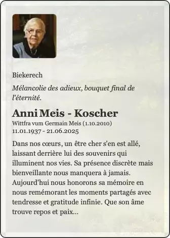 Traueranzeige für Anni Meis- Koscher