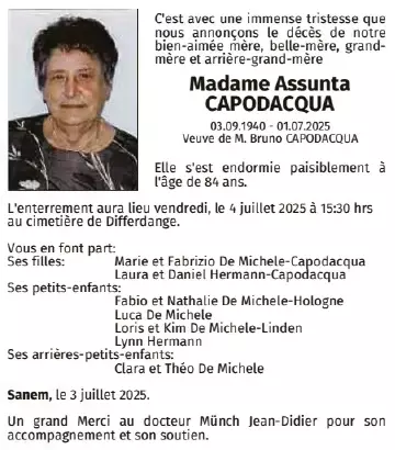 Traueranzeige für Assunta CAPODACQUA