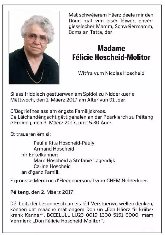 Traueranzeige für Félicie Hoscheid-Molitor