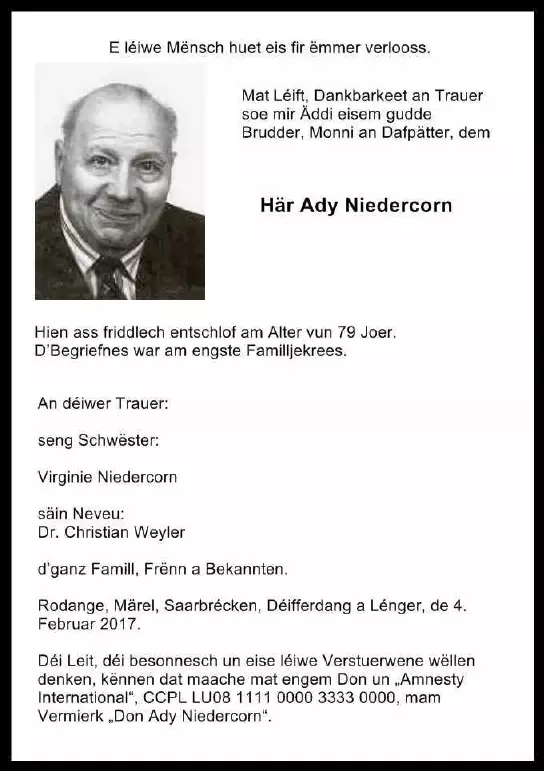 Traueranzeige für Ady Niedercorn