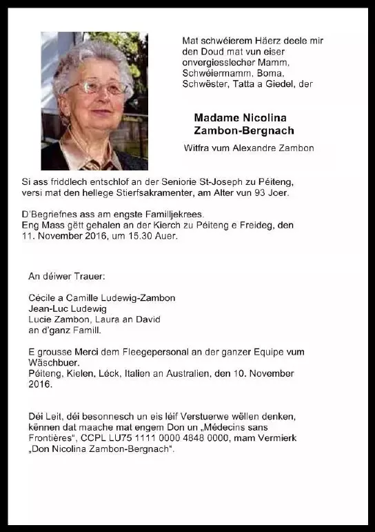 Traueranzeige für Nicolina Zambon-Bergnach