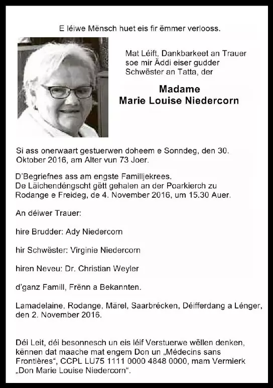 Traueranzeige für Marie Louise Niedercorn