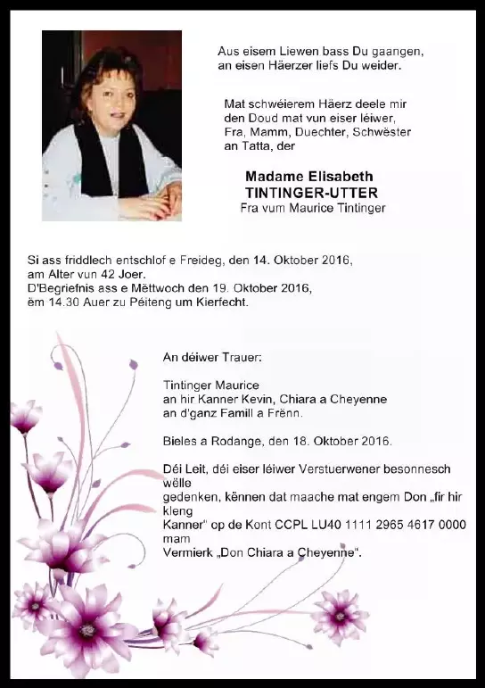 Traueranzeige für Elisabeth TINTINGER-UTTER