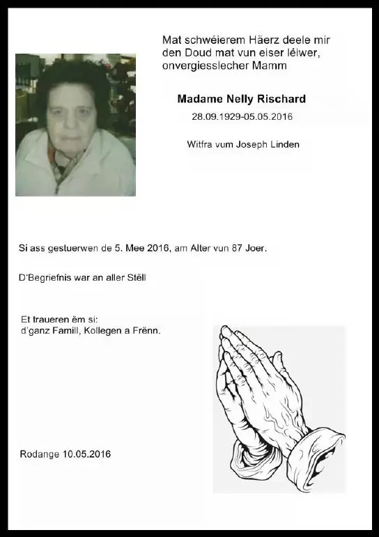 Traueranzeige für Nelly Rischard