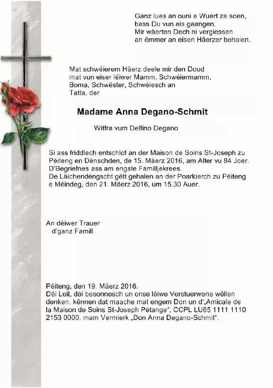 Traueranzeige für Anna Degano-Schmit