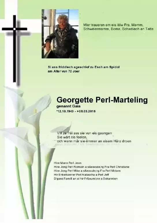 Traueranzeige für Georgette genannt Gaia Perl-Marteling