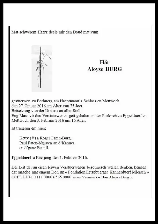 Traueranzeige für Aloyse BURG
