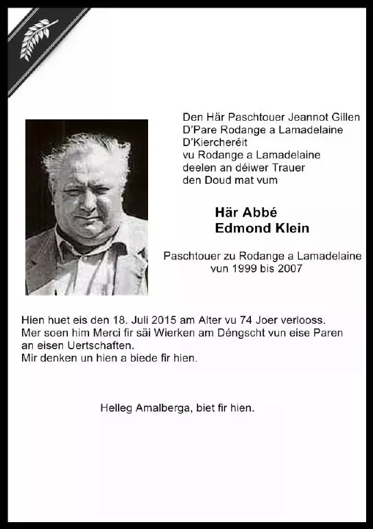 Traueranzeige für Abbé Edmond Klein
