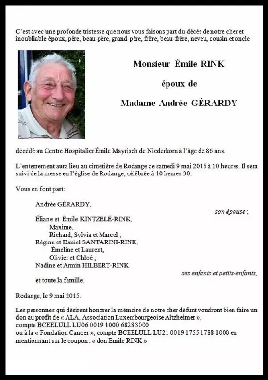 Traueranzeige für Émile RINK