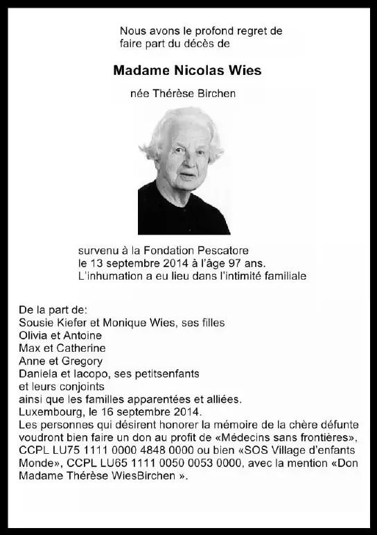 Traueranzeige für Thérèse Birchen