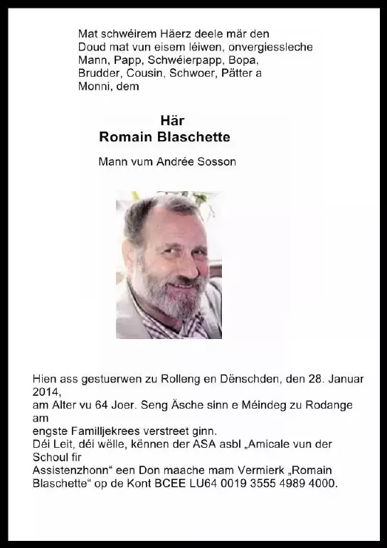 Traueranzeige für Romain Blaschette