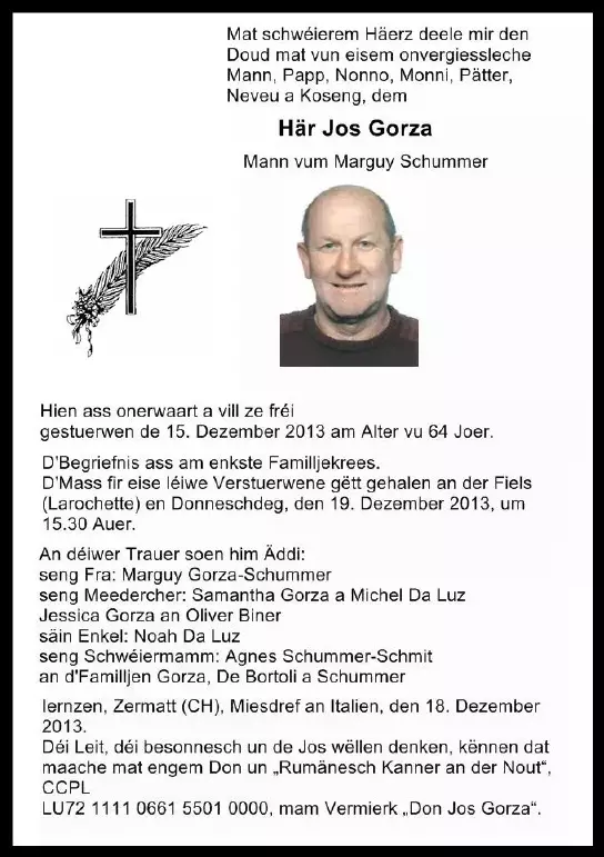 Traueranzeige für Jos Gorza