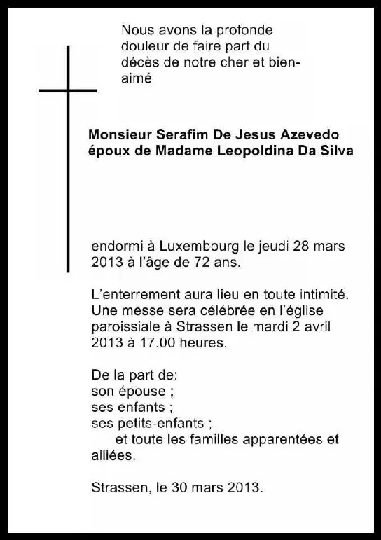 Traueranzeige für Serafim De Jesus Azevedo