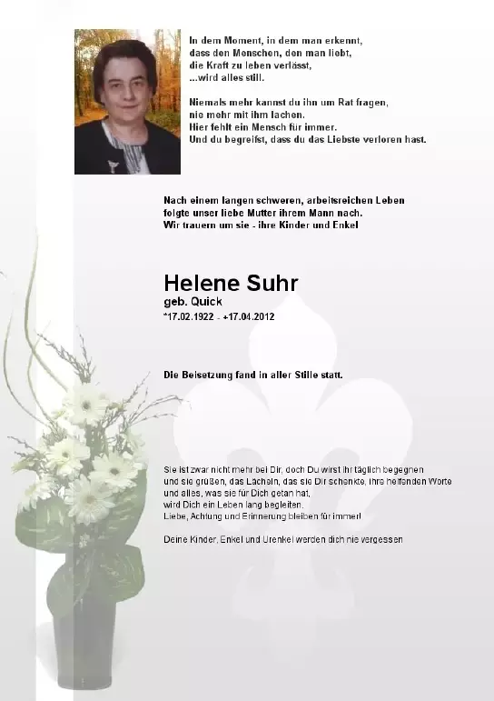Traueranzeige für Helene Suhr geb. Quick