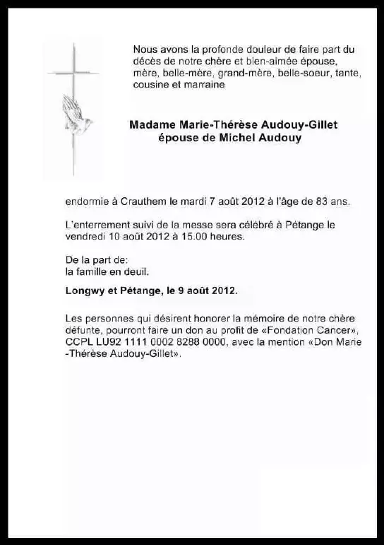Traueranzeige für Marie-Thérèse Audouy-Gillet