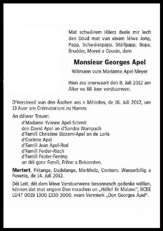 Traueranzeige für Georges Apel