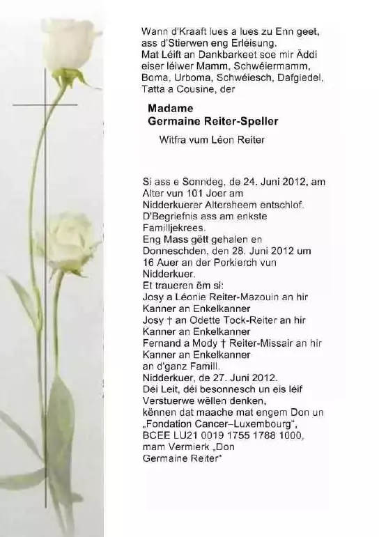 Traueranzeige für Germaine Reiter-Speller