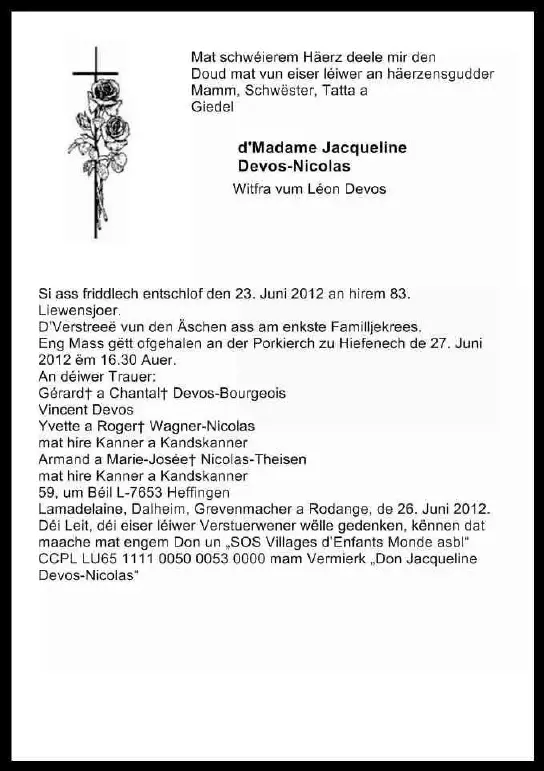 Traueranzeige für Jacqueline Devos-Nicolas