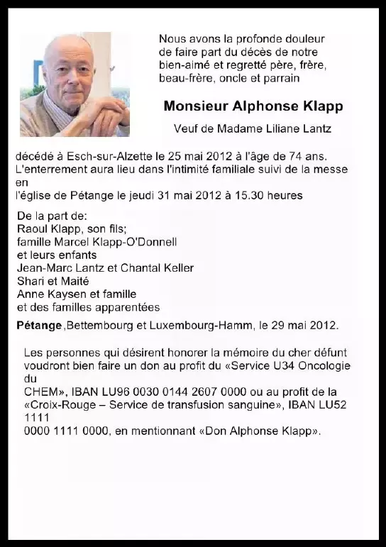 Traueranzeige für Alphonse Klapp