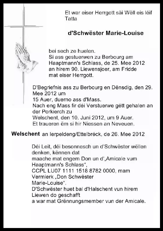 Traueranzeige für Schwëster Marie-Louise
