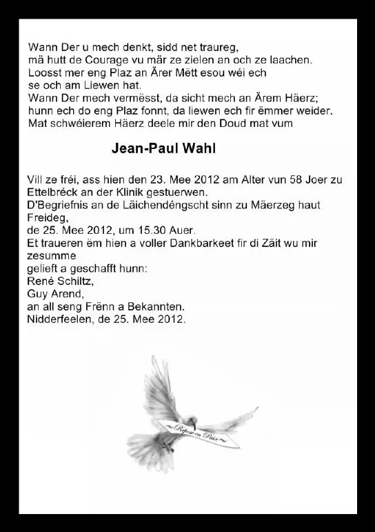 Traueranzeige für Jean-Paul Wahl